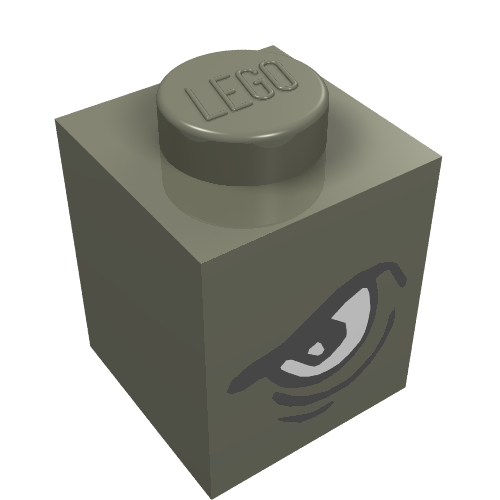 Rendu LDraw de Brique 1 x 1 avec l'œil en colère droit / œil triste gauche motif imprimé (Brick 1 x 1 with Angry Eye Right / Sad Eye Left Print), couleur indicative