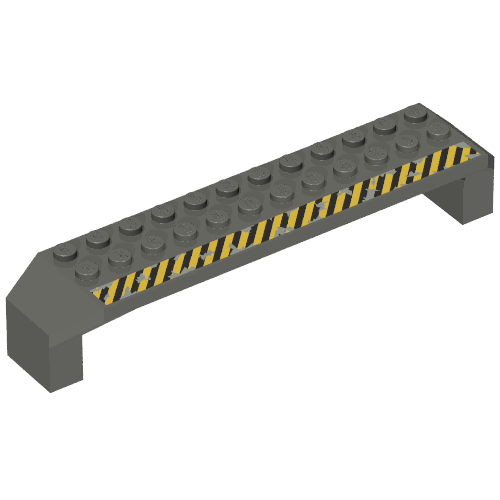 Rendu LDraw de Brique Arche 2 x 14 x 2 1/3 avec rayures noires et jaunes sur le motif imprimé dessus (Brick Arch 2 x 14 x 2 1/3 with Black and Yellow Stripes on Top Print), couleur indicative