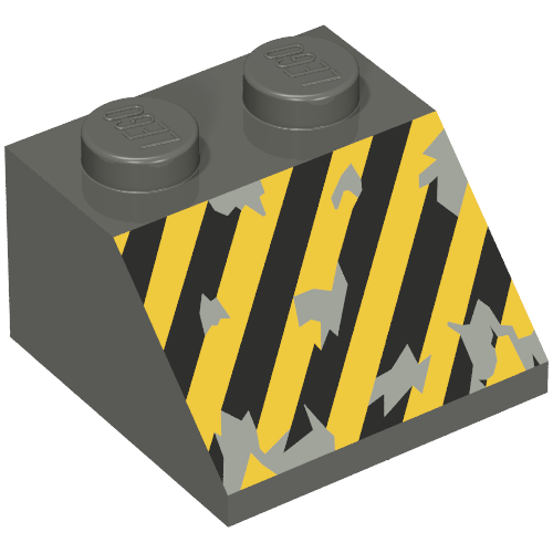 Rendu LDraw de Brique inclinée 45° 2 x 2 avec motif imprimé rayures noires et jaunes (Brick Sloped 45° 2 x 2 with Black and Yellow Stripes Print), couleur indicative