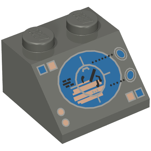 Rendu LDraw de Brique inclinée 45° 2 x 2 avec écran radar bleu/cuivre motif imprimé (Brick Sloped 45° 2 x 2 with Blue/Copper Radar Display Print), couleur indicative