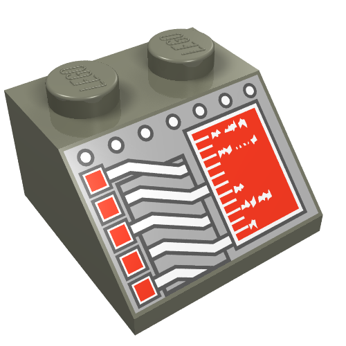 Rendu LDraw de Brique inclinée 45° 2 x 2 avec carré rouge et motif imprimé circuit (Brick Sloped 45° 2 x 2 with Red Square and Circuitry Print), couleur indicative