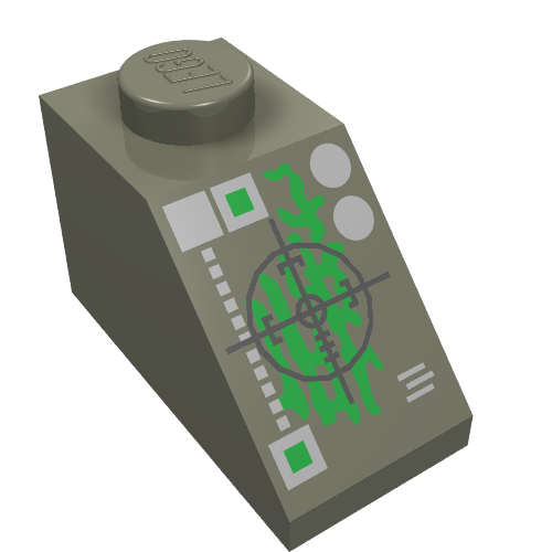 Rendu LDraw de Brique inclinée 45° 2 x 1 avec connecteur inférieure, avec croix noire et motif imprimé insectoïde vert (Brick Sloped 45° 2 x 1 with Bottom pin, with Black Crosshairs and Green Insectoid Print), couleur indicative