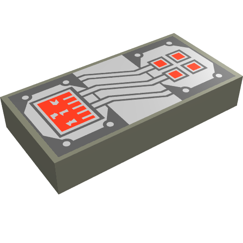 Rendu LDraw de Tuile 1 x 2 avec circuit en cuivre et blanc, rectangle rouge et motif imprimé 4 carrés (Tile 1 x 2 with Copper and White Circuitry, Red Rectangle and 4 Squares Print), couleur indicative