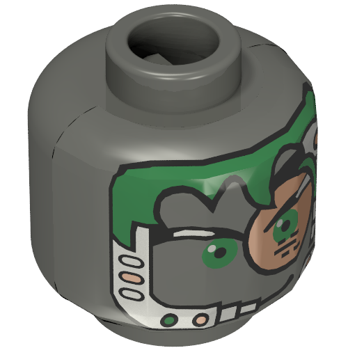 Tête de minifigurine insectoïde, cheveux verts, oculaire en cuivre et casque motif imprimé [tenon creux bouché] (Minifig Head Insectoid, Green Hair, Copper Eyepiece and Headset Print [Blocked Open Stud])