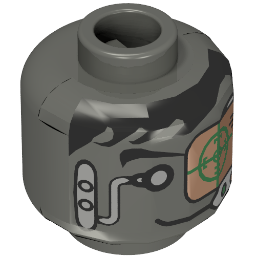 Tête de minifigurine insectoïde, cheveux noirs, micro-casque, motif imprimé vert et cuivre (Minifig Head Insectoid, Black Hair, Headset, Green and Copper Eye Grid Print)