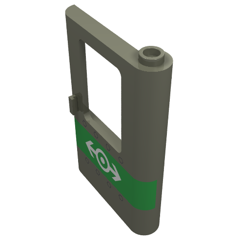 Rendu LDraw de Porte 1 x 4 x 5 train à droite avec bande verte, logo du train et rivets motif imprimé (Door 1 x 4 x 5 Train Right with Green Stripe, Train Logo and Rivets Print), couleur indicative