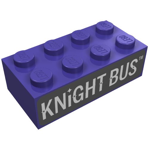 Rendu LDraw de Brique 2 x 4 avec motif imprimé 'KNIGHT BUS' (Brick 2 x 4 with 'KNIGHT BUS' Print), couleur indicative