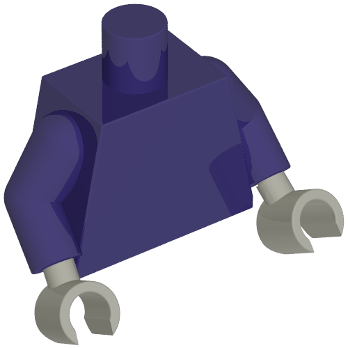 Rendu LDraw de Torse, bras violet foncé, mains gris clair bleuté [sans motif] (Torso, Dark Purple Arms, Light Bluish Gray Hands [Plain]), couleur indicative
